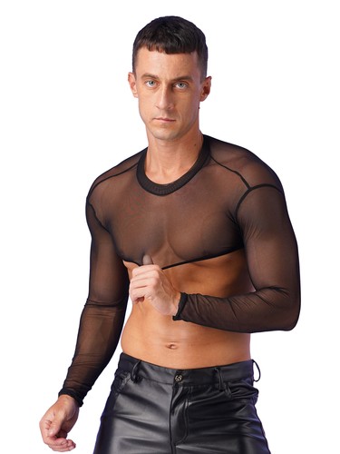#M Para Hombres Malla Transparente Manga Larga Camiseta Elastizada Calce Ajustado Medio Corto Top Pullover - Imagen 2 de 9