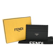 FENDI Logo Card Case Compact Wallet Leather Black Italy 62RF723