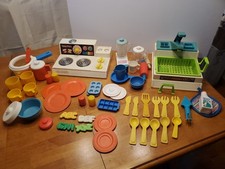Vintage Fisher Price Kitchen Lot Sink, Stove, Dishes And More