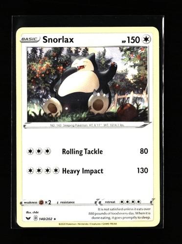 Snorlax Rare SWSH01 Sword & Shield Base Set 140/202 Colorless Pokemon Card