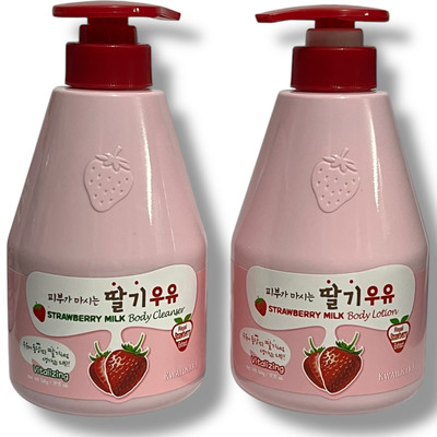 Welcos Kwailnara Strawberry Milk Body Cleanser & Body Lotion 19.75oz ea 2Pk