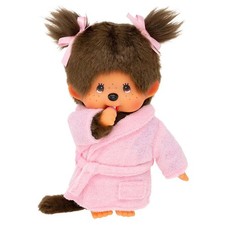 8" Monchhichi Brown Girl - in Pink Bathrobe and Pigtails
