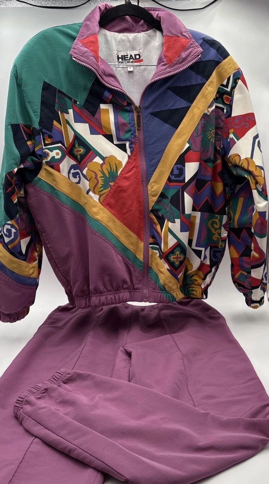 Vintage HEAD Windbreaker Pants Tracksuit Purple Colorblock Floral Womens Sz M