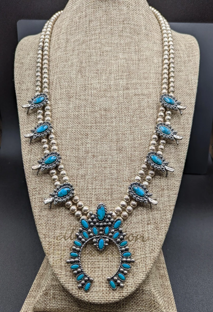 Signed Sancrest R Squash Blossom Faux Turquoise Silver Tone