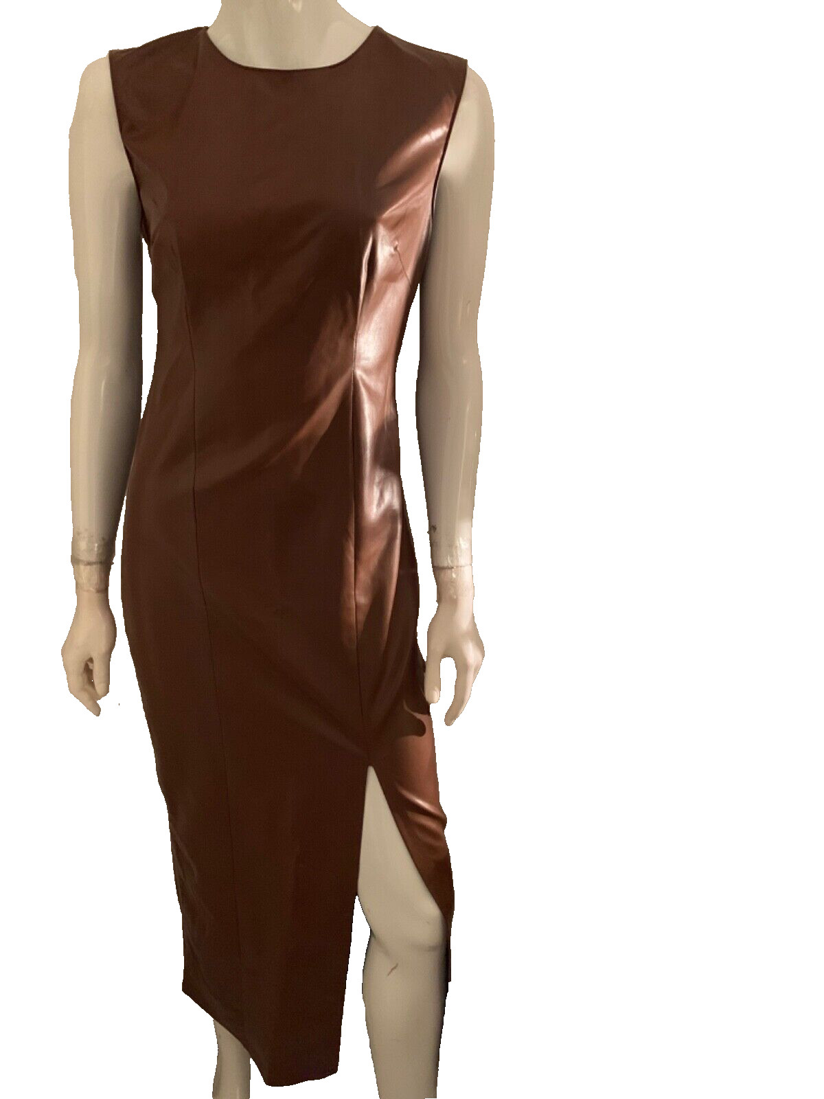 NEW Zara women's autumn winter midi dress faux leather chocolate split front S