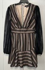 Lulus Black Beige Long Sleeve Lace Sheer Cutout Mini Dress V Neckline Small Nwt