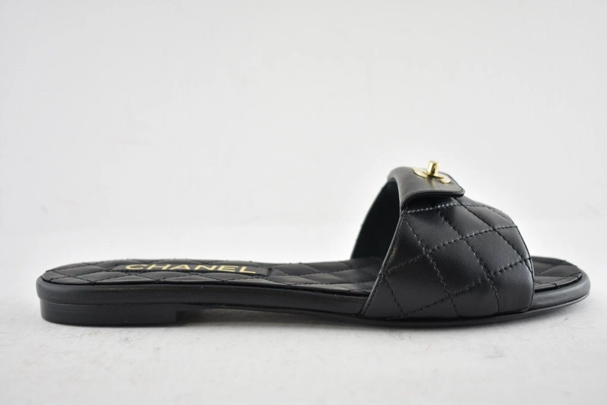 Chanel REV Black Turnlock Quilted Gold CC Logo Mules Slide Sandal Flop Flat  36