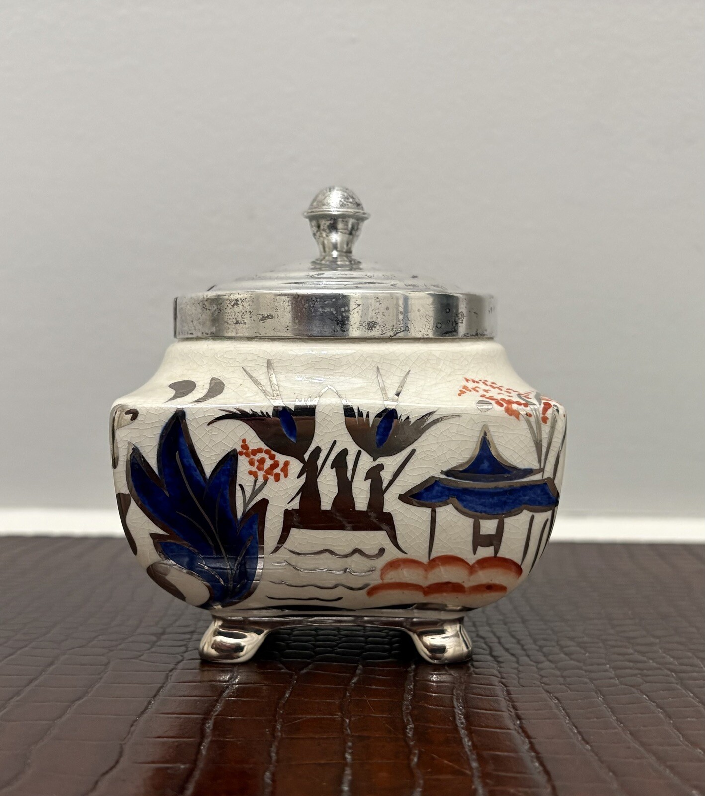 Pagoda Sugarbowl handpainted Yeoman Plate Silver Footed by Lancaster & Sandland