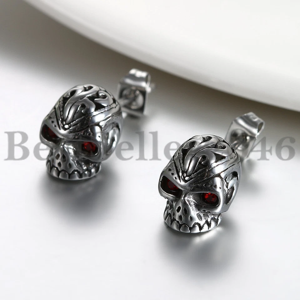 Pendientes de oreja esqueleto cabeza calavera gótica punk rock de acero inoxidable para hombre 2 piezas Foto 4 de 4