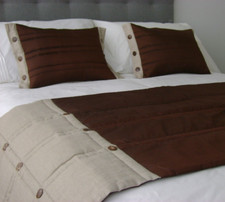 Coco Button Bed Runner & Cushion Covers Set - Chocolate brown Thai silk & linen