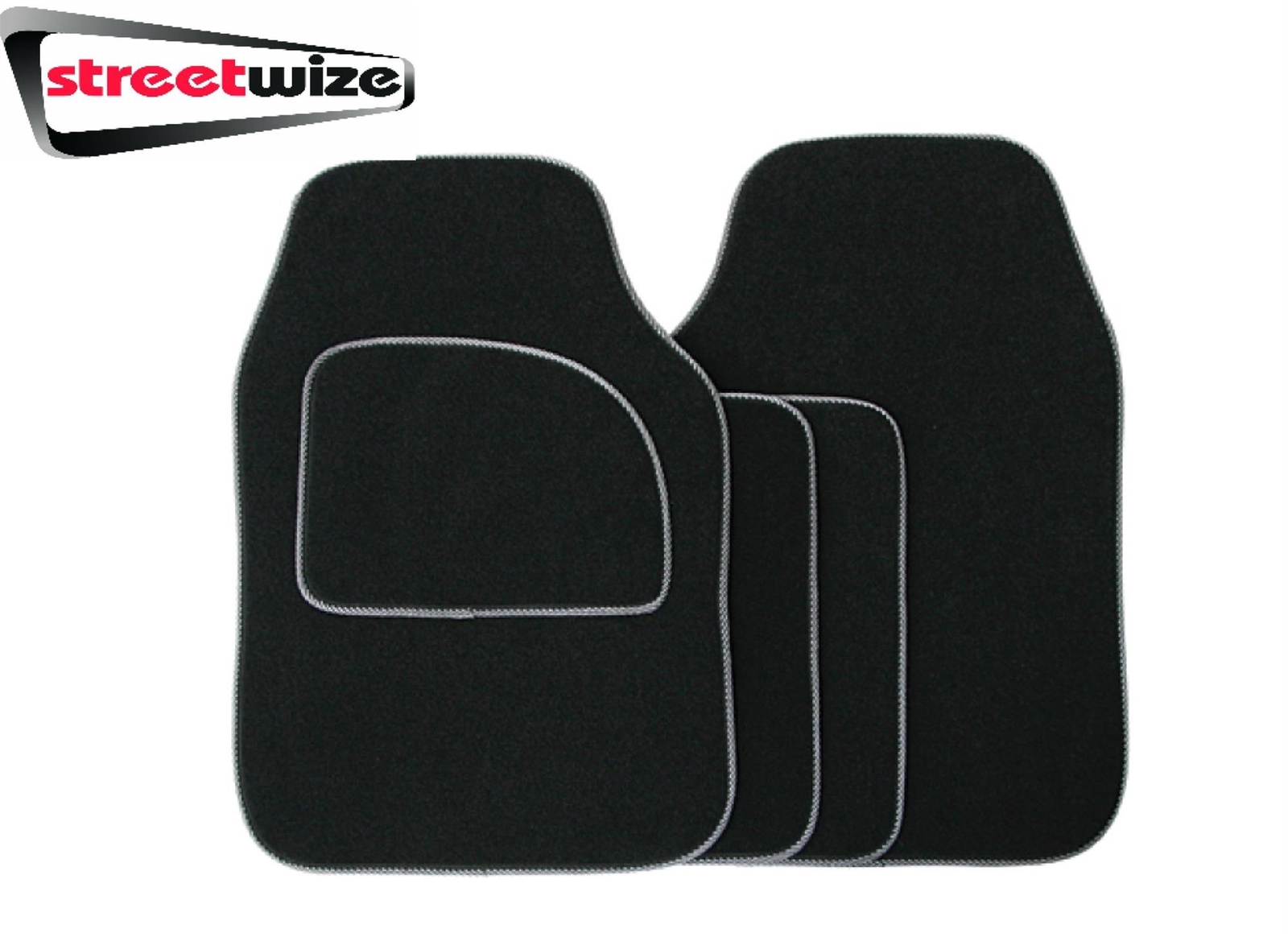 Streetwize Velour Black Carpet Car Mats Heel Pad Grey Binding Edge Trim SWCM31
