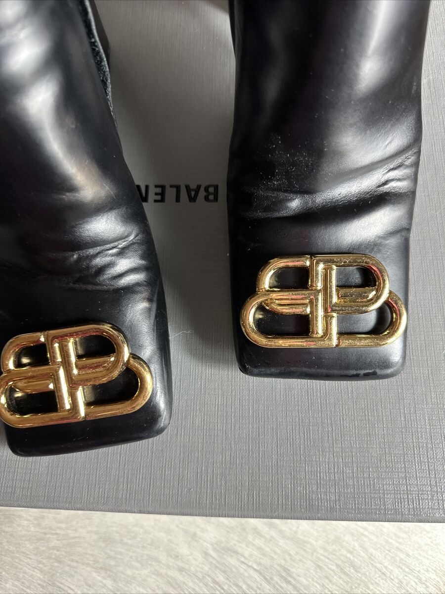 Balenciaga Square Toe BB Gold Metal Logo Black Leather Ankle Balenciaga Square Toe BB Gold Metal Logo Black Leather Ankle