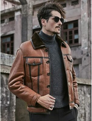 Aviator Real Shearling Flying Bomber Sheepskin Original Leather Jacket For Men