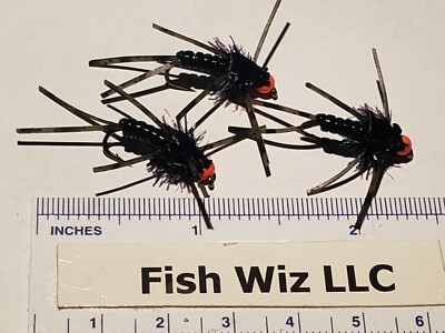Egg Head Stonefly Nymph BLACK with ORANGE Bead Size 10 (per 3)
