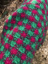 Hand Knit Vtg Houndstooth Acrylic Wool Green  Hot Pink Wool Throw Blanket 44x44