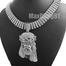Hip Hop Silver PT Jesus Head Pendant & 20" 30" Iced 4 Row Tennis Chain Necklace