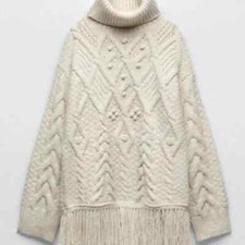 NWT-NWT ZARA WOMEN'S FRINGED KNIT SWEATER W/ POM POMS ECRU WHITE SIZE S 3859/117