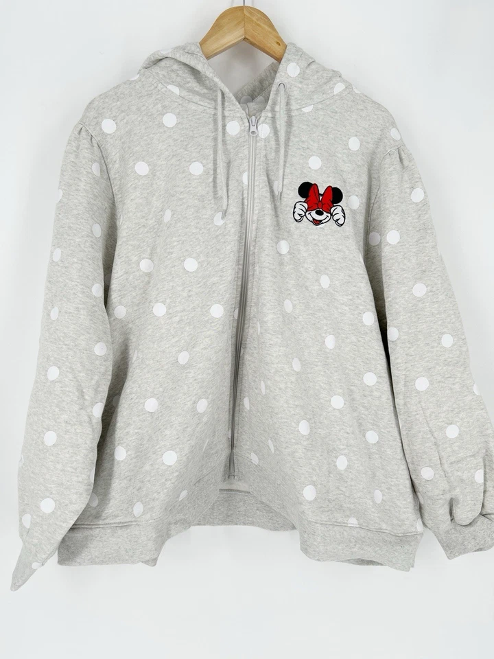 Moletom com capuz Disney Plus 3X cinza branco preto Minnie Mouse bolinhas zíper parques novo com etiquetas - Imagem 2 de 4