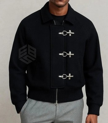 Men's Vintage Wool Bomber Jacket  Varsity style Black Fireman Clasp Closure Coat