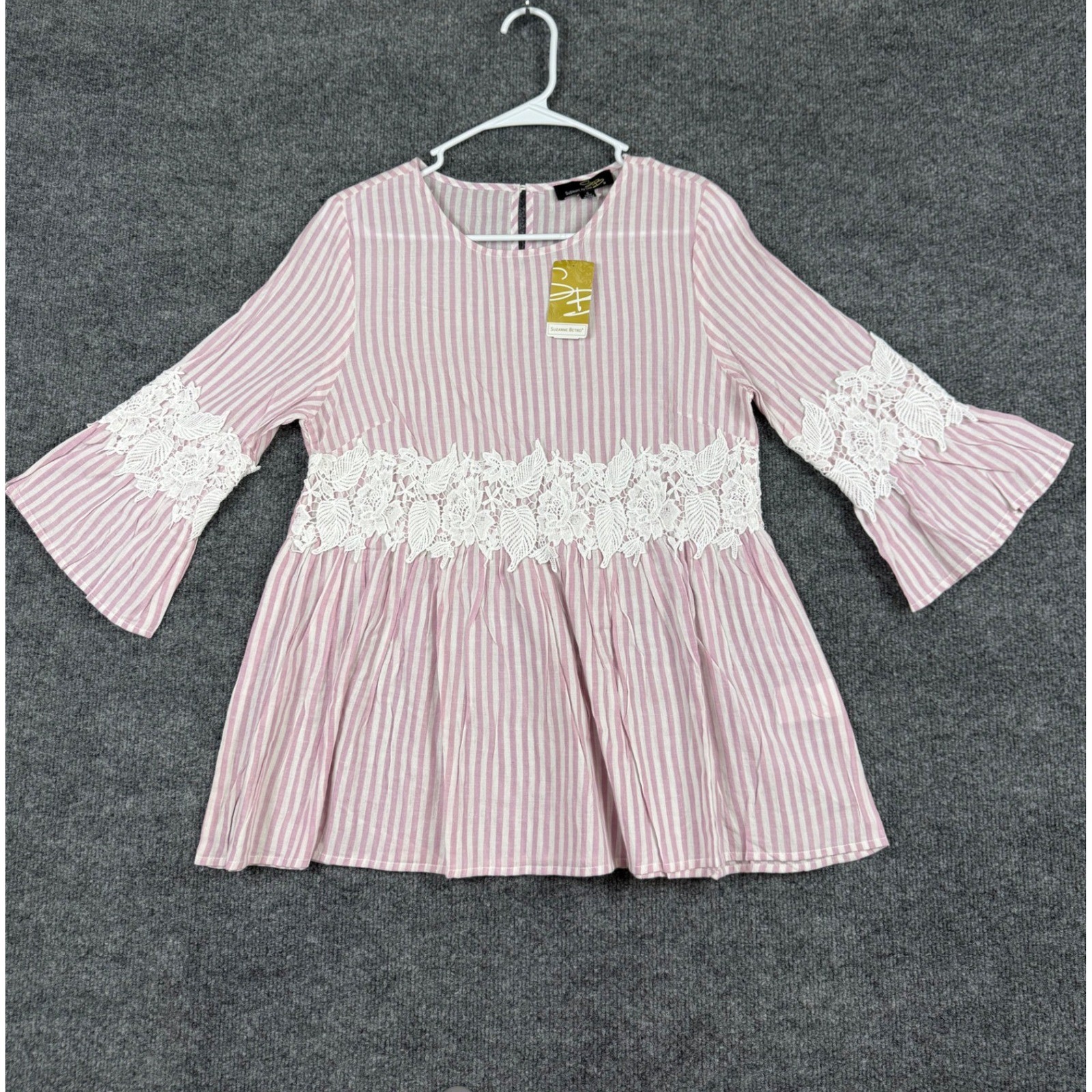 Suzanne Betro Pink White Striped Lace Trim Peplum Tunic Top Small U8501008 NWT