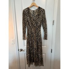 MNG Mango Zebra Print Midi Dress Tan Black V-Neck Long Sleeve Size 4