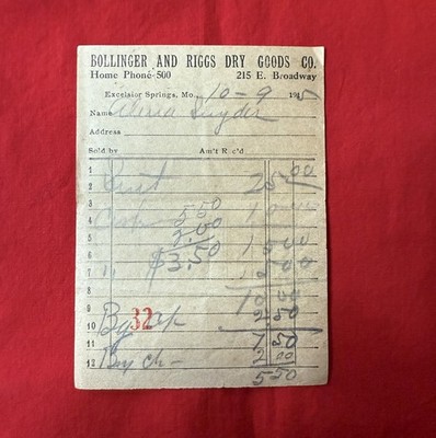 1915 Bollinger & Riggs Dry Goods Co Receipt 215 Broadway Excelsior Springs MO PC