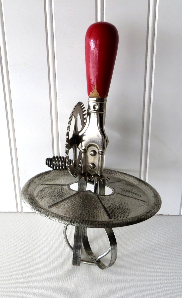 Antique Egg Beater Mixer With Splash Guard Red Handle 9-1/2" T Made In USA