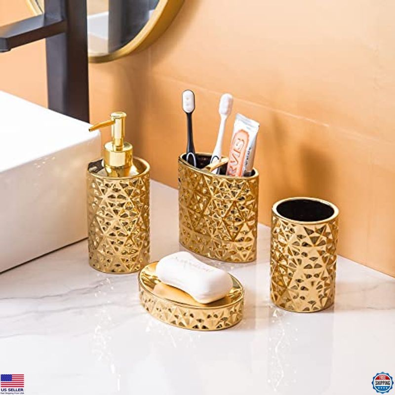 Gold Bathroom Accessory Sets 4 Piece Ceramic Gift Set Apartment Premium Durable