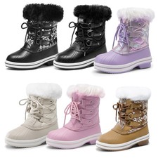 Kids Girls Boys Snow Boots Cozy Faux Fur Lined Mid Calf Winter Warm Ski Boots