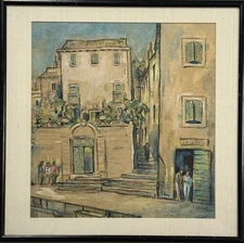 Vintage Post Impressionist Italian Village Cityscape (Watercolor on Paper)