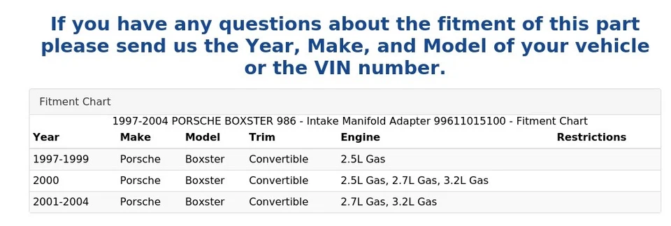 PORSCHE BOXSTER 986 1997-2004 - Adaptador colector de admisión 99611015100 Foto 4 de 4