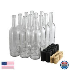 750ml Wine Bottles with Cork, Clear W5 Bordeaux, 12-Pack w/ Shrink Sleeves