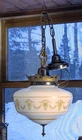 Vtg 14" Schoolhouse Bank Ceiling Light Stenciled Milk Glass Globe Salvage Item