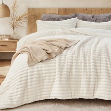 Sasttie Fluffy Queen Comforter Set, 3 PC Soft Fleece Bedding, Cream White