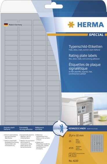 Typenschildetiketten A4 Silber 25X10 Mm Extrem Stark Haftend Folie Matt 4725 St.-image