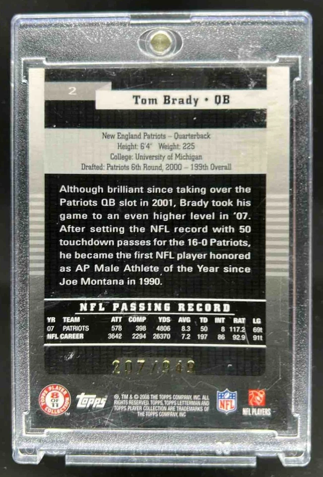 2008 Topps Letterman Tom Brady #/949 Patriots - Image 2 of 2