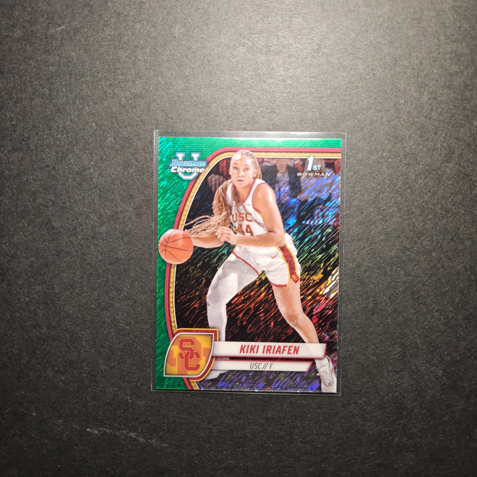 2024-25 Bowman University Chrome - Kiki Iriafen #47 Green Shimmer Refractor (RC)