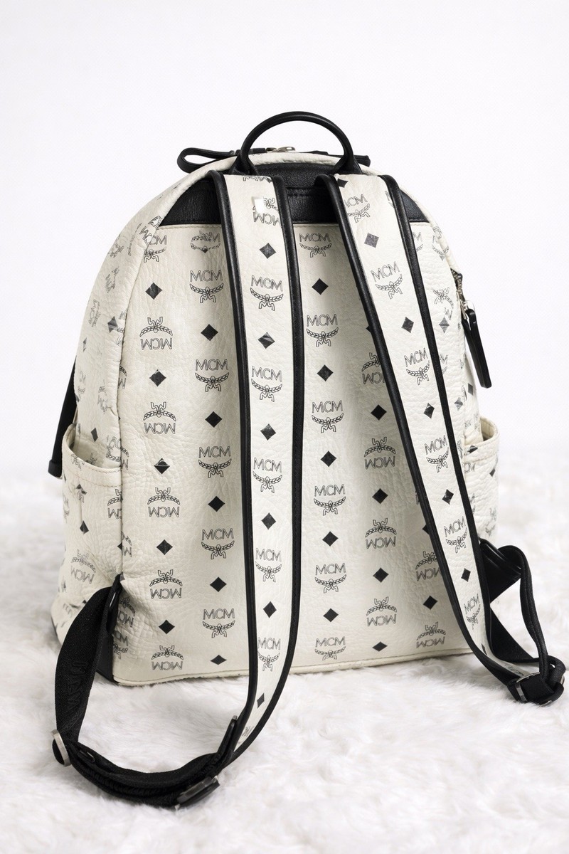 MCM White Logo Print Leather Backpack Studded Accents Black Trim