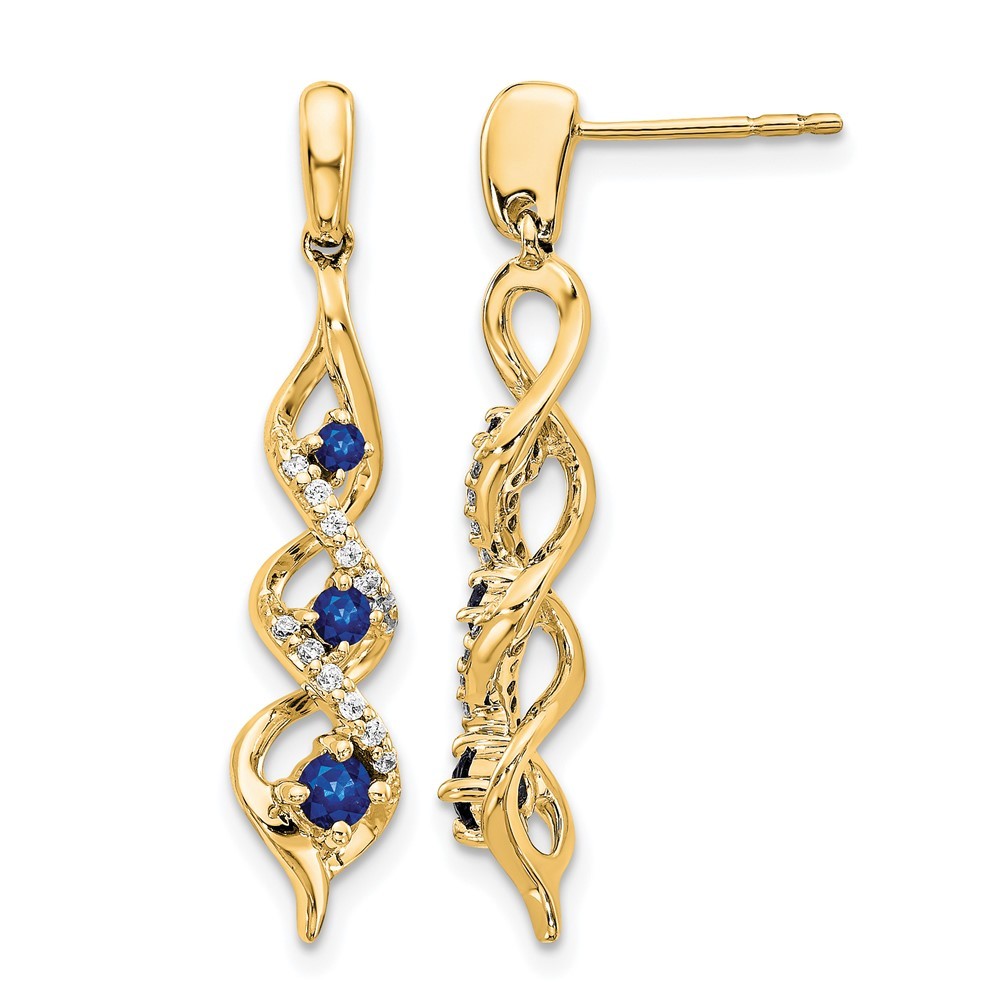 14k Yellow Gold Diamond and Blue Sapphire Twisted Post Drop & Dangle Earrings