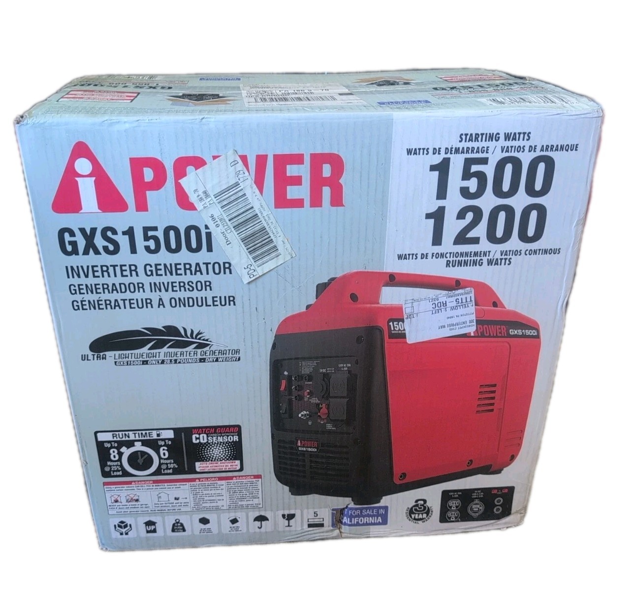 A-Ipower Gas Inverter Generator 1500W 60Cc Recoil Start W/ Co Sensor Shutdown