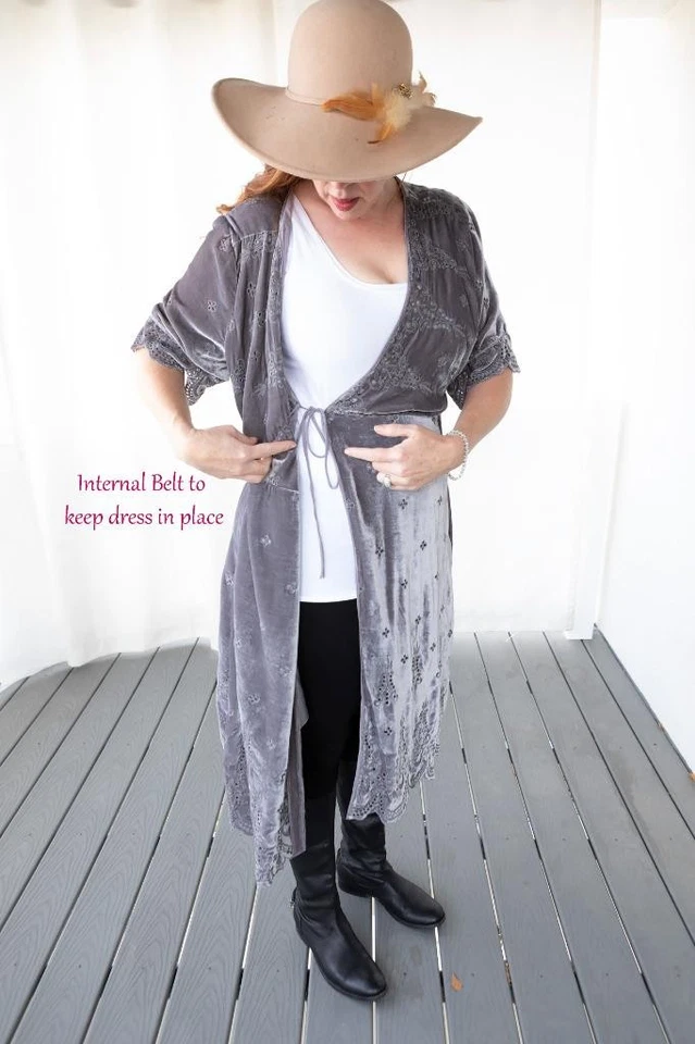 VESTIDO DE VELUDO Johnny Was Lola Wrap Vestido Midi Cinza/Lavanda Extra Grande 14-16 Férias - Imagem 3 de 4