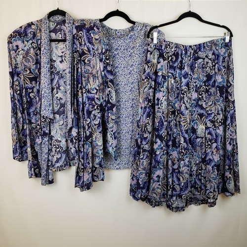 Liz Baker Set Midi Skirt Top Jacket 22 Blue Paisley Floral Mixed Print 90s USA 