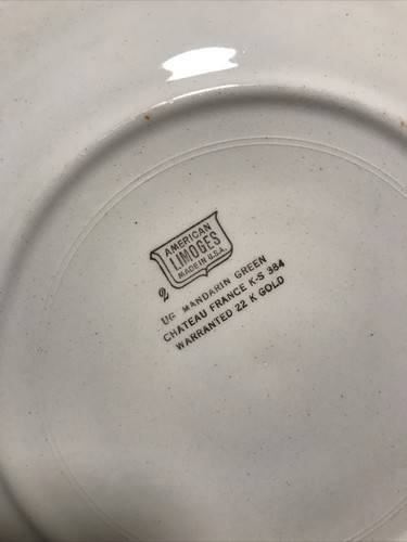 4 American Limoges Chateau France- Mandarin Green Cabinet Dinner Plate 22K Gold - Picture 9 of 10