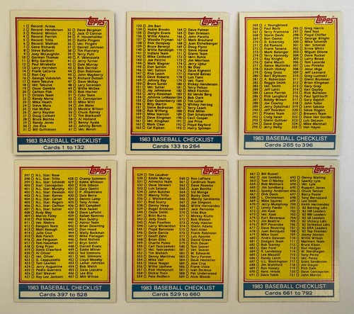 1983 Topps Baseball Checklists 6-Card Complete Set (Unmarked!)