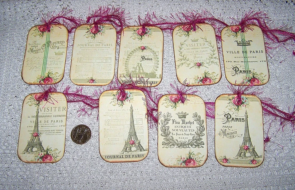 9~Vintage~Paris~French~Eiffel Tower~Fussy Cut~Linen Cardstock~Gift~Hang~Tags