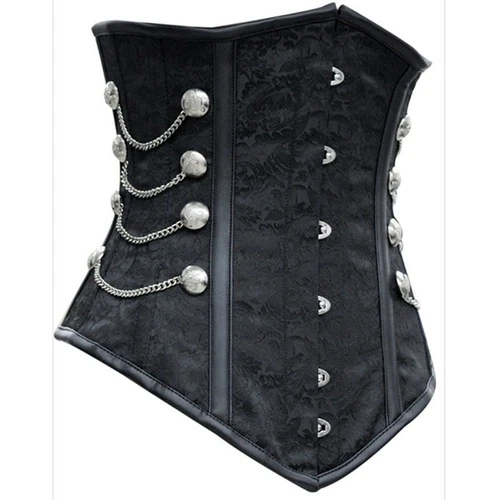 Corset Dress Steampunk Black Corset Satin Underbust Top with Thong Chains Sexy - Image 2 of 4