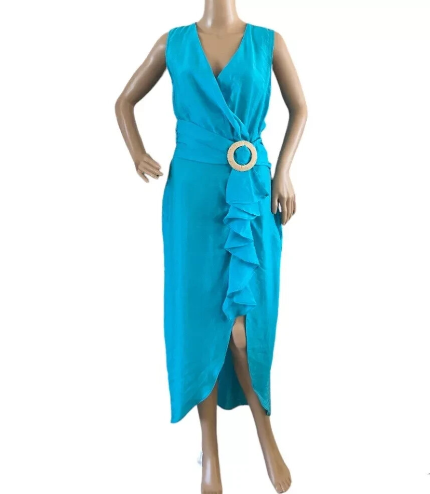 blue wrap dress zara New front v neck buckle ruffles slit turquoise size Medium Shoulder pad Vintage Jackie Kennedy-Inspired 60s littleblackdress Straight hem. Size:V