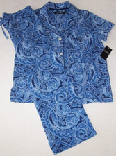 NWT Ralph Lauren NAVY/AQUA BLUE PAISLEY Jersey Knit CAPRI Pajama Set Women's S