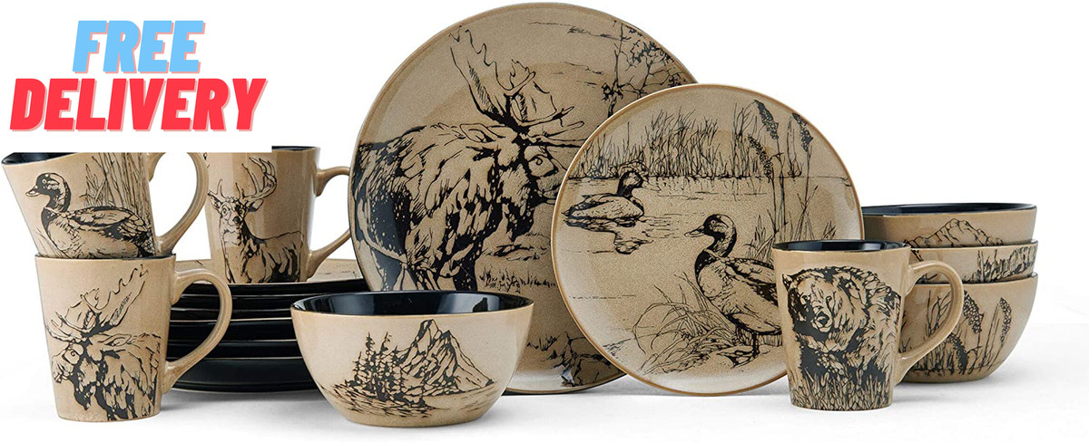 Mossy Oak Animal Print 16 Piece Dinnerware Set, Black and Beige | eBay