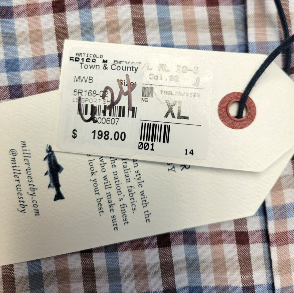 $198 New MILLER WESTBY Button Shirt Men XL X-LARGE Red Blue Check LINEN ...